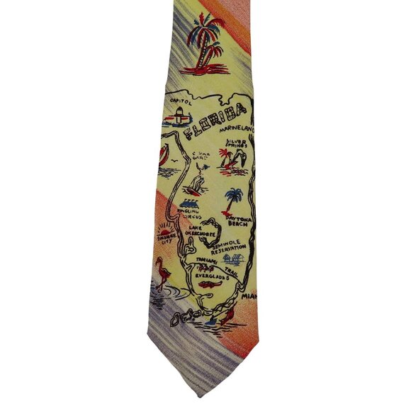 Vintage Palm Island of Miami Hand Painted Map Striped Mens Necktie Tie Retro - Picture 1 of 8